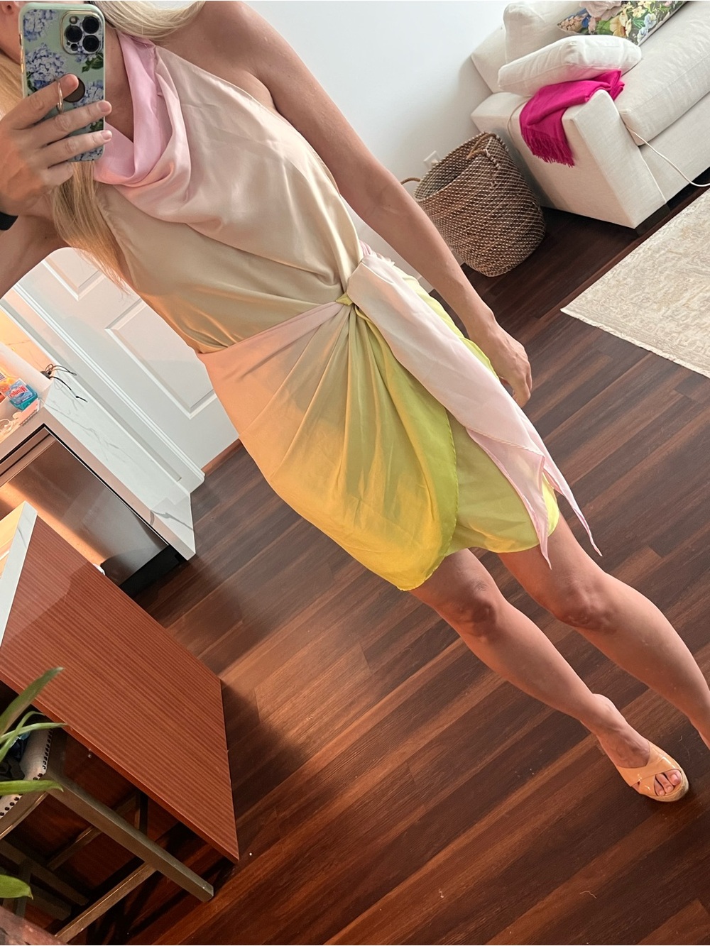 Baobab Providencia Light Pink and Lime Green Tie-Front Mini Dress